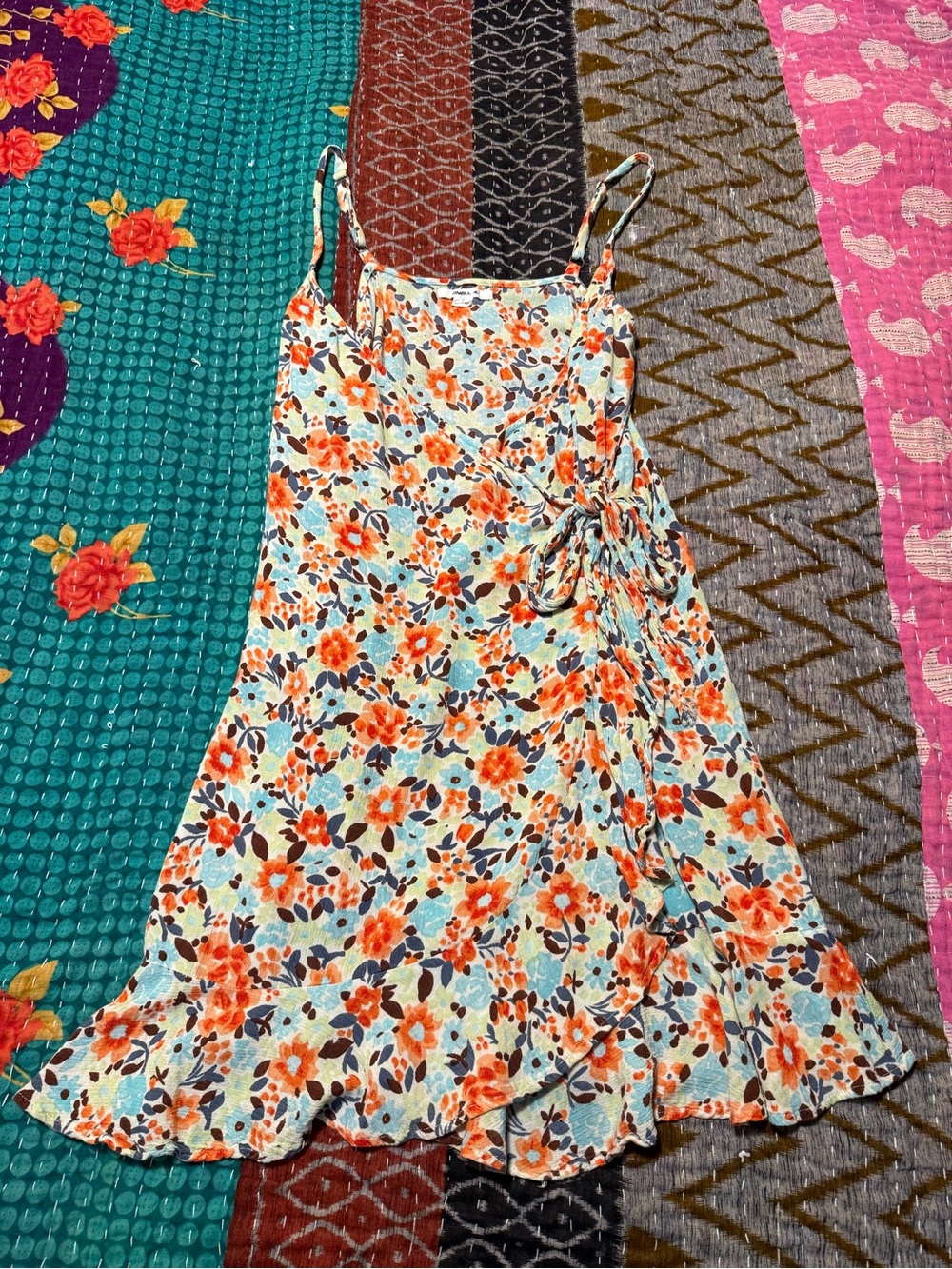 O’Neill Floral Ruffle Wrap Tie Slip Dress or Swim Coverup - Aqua & Orange S